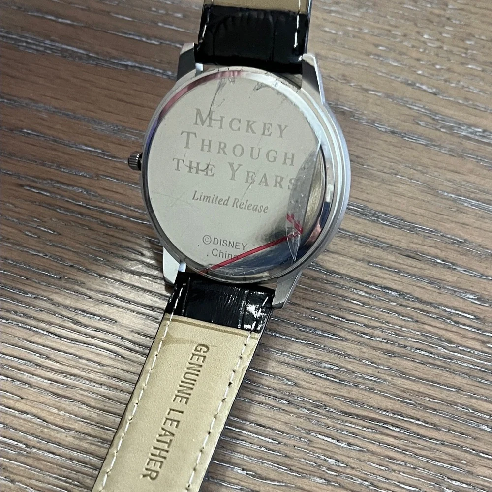 Mickey Through the‎ Years Silvertone Watch with Black Leather Strap NIB